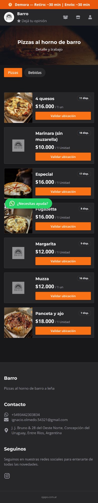 Catálogo de productos de Barro Pizzería